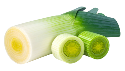 Close-up of sliced vegetable, showing stalk with green top and circular rings