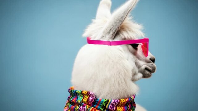 Closeup portrait of a cool white llama wearing bright pink sunglasses and a colorful patterned scarf against a solid blue background