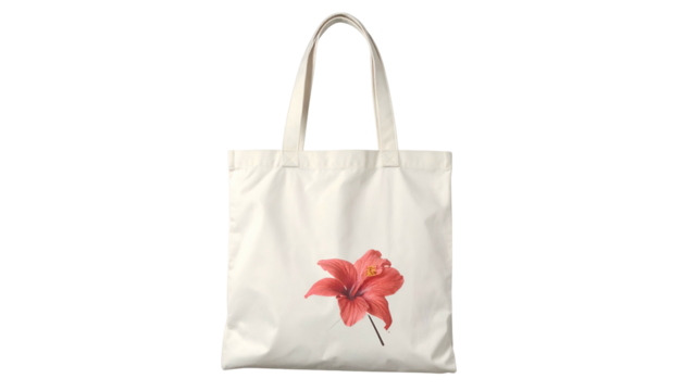 Plain canvas tote bag with a centered watercolor-style red hibiscus flower