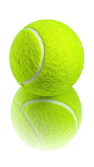 Yellow tennis ball reflection on black, close-up view