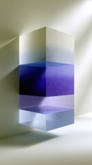 An abstract, multi-layered geometric cube structure with varying shades of blue and purple, illuminated by soft, directional light creating shadows.