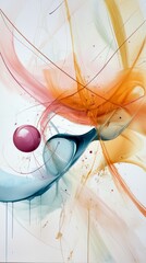 An abstract painting featuring dynamic, flowing lines in shades of orange, pink, and blue, with delicate droplets and splashes against a white background.