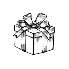 Hand-drawn vintage gift box illustration with an elegant ribbon bow. Perfect for Christmas designs, festive branding, greeting cards, packaging concepts, stickers and decorative holiday projects.