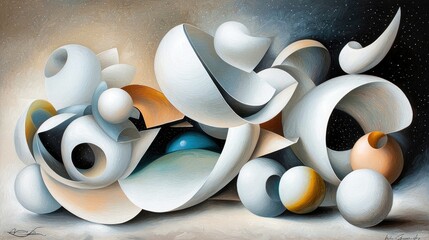 An abstract artwork featuring a complex arrangement of smooth, white geometric shapes, including spheres, curves, and open forms, set against a textured backgro