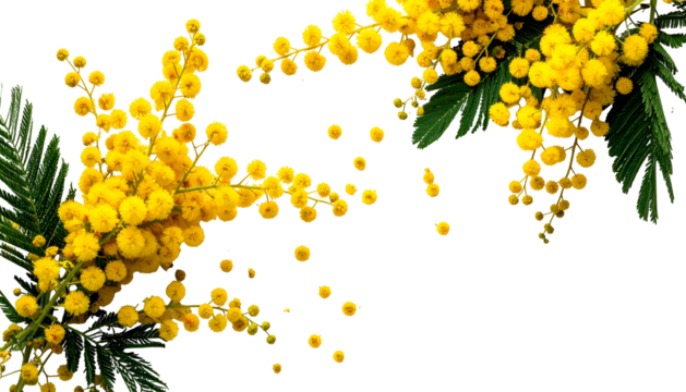 Close-up of delicate yellow blossoms with green leaves, set against a transparent background