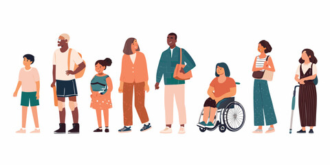 Obraz premium Diverse group of people standing together including disability and different ethnicities