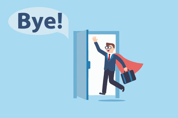 Superhero businessman leaving office waving goodbye with cape and briefcase