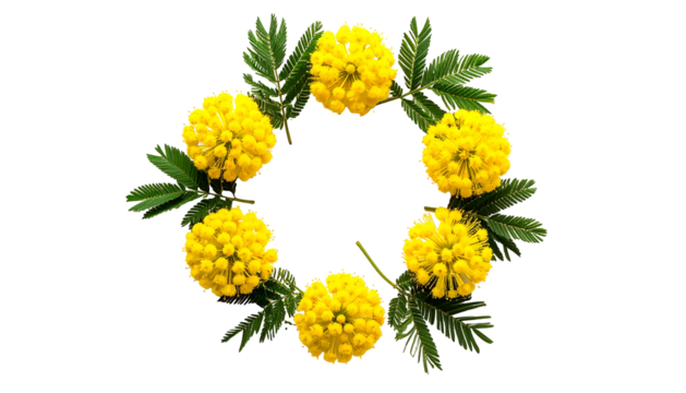 A ring of bright yellow, spherical blooms and green foliage isolated against a stark black background