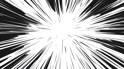 Black and white comic burst with dynamic lines radiating from center creates action explosion effect