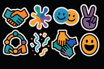 Fototapeta premium Vibrant emoji stickers with hand gestures and smiley faces on black background
