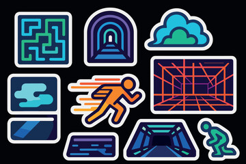 Futuristic vibrant sticker set with abstract maze, tunnel, and speed runner designs