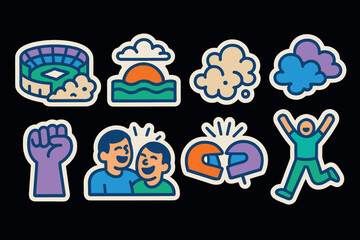Fototapeta premium Colorful sports and leisure icons in modern sticker style on dark background