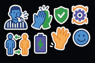 Colorful stickers of teamwork icons on black background