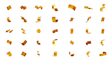 3D Many golden confetti pieces falling. Gold festive decoration for celebration event. Shiny ribbon elements for Christmas, New Year, party. Vector illustration