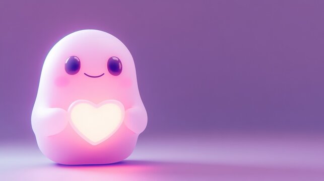 Cute glowing character holding a heart in soft purple light creates a warm and friendly atmosphere