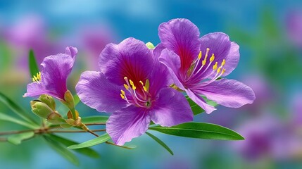 Close-up of vibrant purple flowers with yellow stamens, blooming on a green branch. The background is a soft, blurred bokeh of blue and purple, suggesting a sun