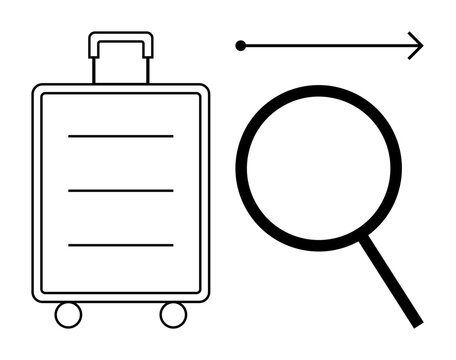 Suitcase with handle, magnifying glass, arrow showing direction. Ideal for travel, planning, search, navigation, tourism exploration research. Simple flat metaphor for organization and adventure