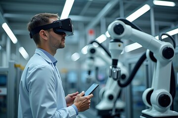 Medical Engineer Using VR Goggles to Operate Robotic Arms in Pharmaceutical Manufacturing Facility