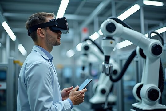 Medical Engineer Using VR Goggles to Operate Robotic Arms in Pharmaceutical Manufacturing Facility