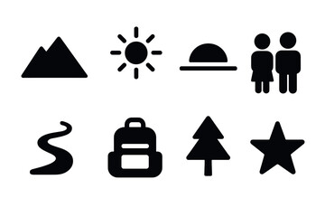 Minimalist nature icons set: mountain, sun, hat, people, path, backpack, tree, star