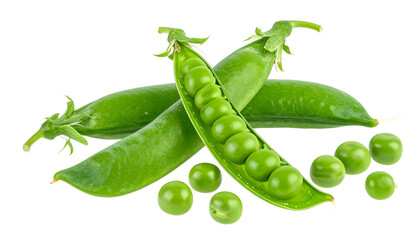 Close-up of green pea pods and individual peas against a solid black background