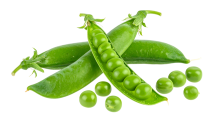 Close-up of green pea pods and individual peas against a solid black background