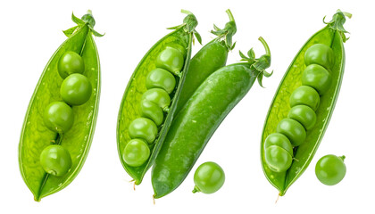 Close-up of three split pea pods revealing bright green peas on a transparent backdrop