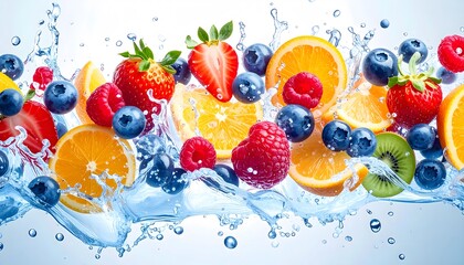 Vibrant Fruits in Water Splash, a Colorful Display of Freshness