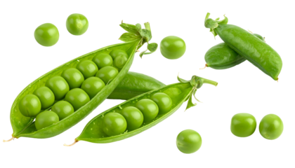 Close-up composition showing open and closed green pea pods with individual peas against black background