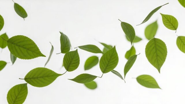 Fresh green leaves floating or falling against a bright white background, symbolizing spring, nature, and lightness