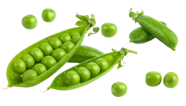 Close-up composition showing open and closed green pea pods with individual peas against black background