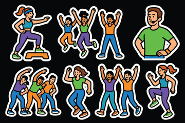 Energetic dance and aerobics stickers featuring diverse group in colorful outfits