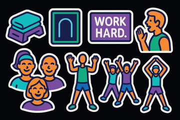 Energetic fitness icons with motivational elements on dark background