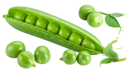 Close-up studio shot of a pod partially opened, revealing round green peas, with others scattered around