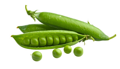 Close-up of open and closed pea pods, showing vibrant green peas on a transparent background