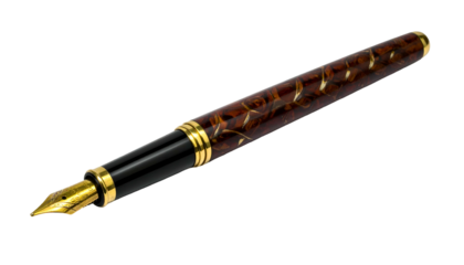 Elegant fountain pen with ornate brown marbled barrel, gold accents, and a golden nib