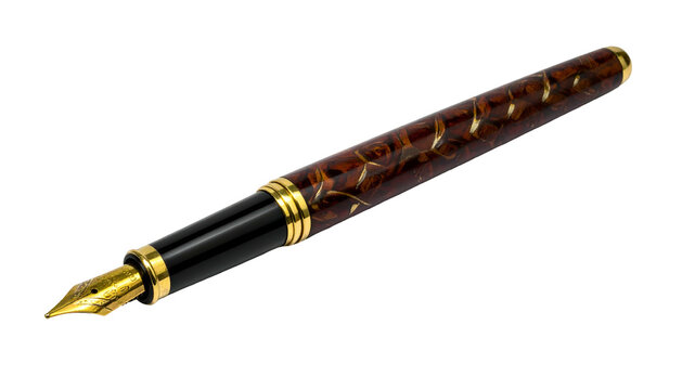 Elegant fountain pen with ornate brown marbled barrel, gold accents, and a golden nib