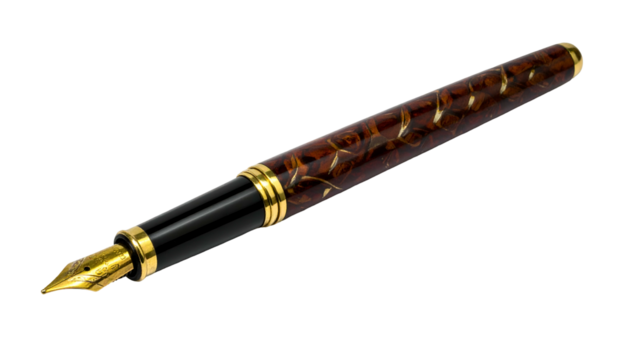Elegant fountain pen with ornate brown marbled barrel, gold accents, and a golden nib