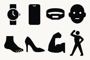 Minimalist black silhouette icons of everyday objects and people