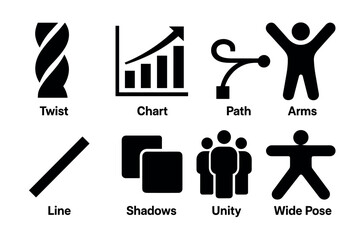 Silhouette business growth and teamwork icons with dynamic poses and graphs