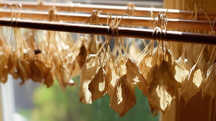 tolerable. Close-up of dried lovage leaves on a wooden rack with natural morning light. gardening catalogs, home-decor guides, designed for home decor and floral branding, used by sports marketers.