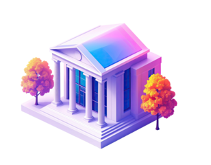 Isometric building with trees in blue, pink, and orange