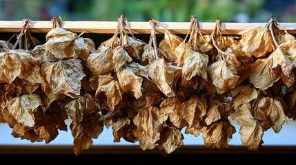 tolerable. Close-up of dried lovage leaves on a wooden rack with natural morning light. gardening catalogs, home-decor guides, designed for home decor and floral branding, used by sports marketers.