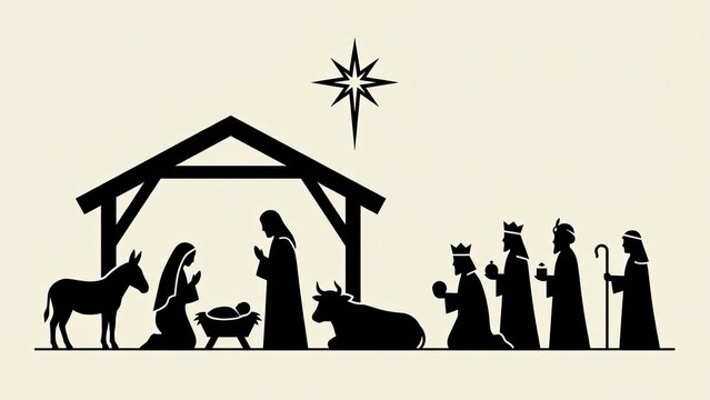 Minimalist Nativity Scene Holy Family and Three Kings Silhouette