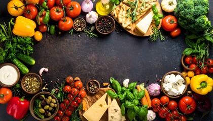 Vibrant Mediterranean Ingredients Frame Dark Background