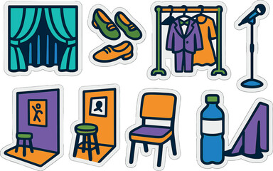 Theater icon set featuring stage elements and costume design in bold graphic style