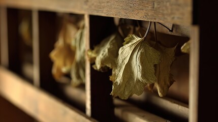 tolerable. Close-up of dried lovage leaves on a wooden rack with natural morning light. gardening catalogs, home-decor guides, designed for home decor and floral branding, used by sports marketers.