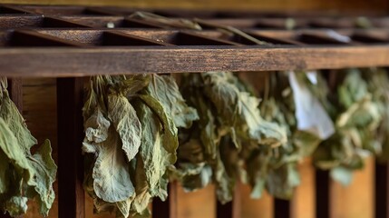 tolerable. Close-up of dried lovage leaves on a wooden rack with natural morning light. gardening catalogs, home-decor guides, designed for home decor and floral branding, used by sports marketers.