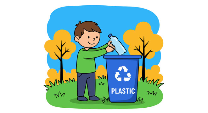 A cheerful young boy responsibly disposes of a plastic bottle into a designated recycling bin, promoting environmental awareness and sustainable practices outdoors.