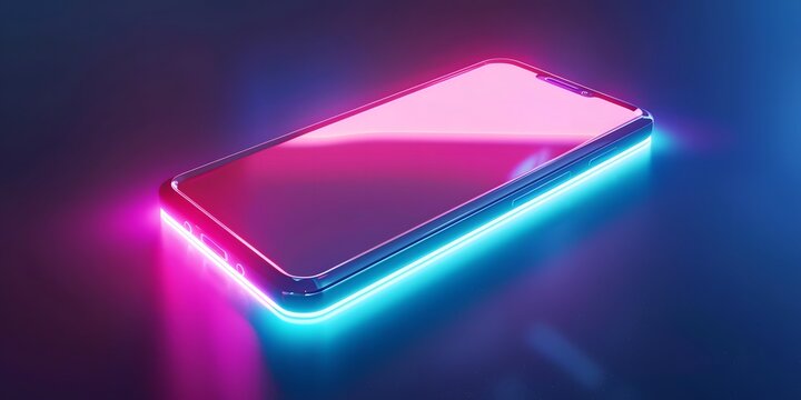 Sleek smartphone glowing with vibrant neon light in a dark, futuristic setting.